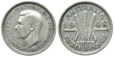 Австралия 3 пенса 1948 m, Георг VI (1937-1952), без букв KM 37a серебро 71-215