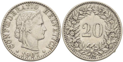 ШВЕЙЦАРИЯ 20 РАППЕНОВ 1907 В KM 29 никель 4513-245