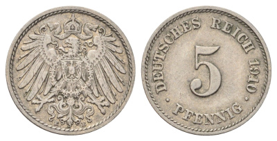 Германия 5 пфеннигов 1910 E KM 11, J. 12 медно-никель 4701-1044