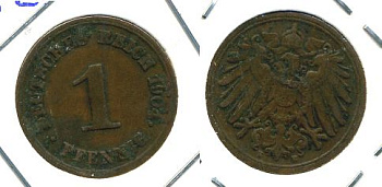 ГЕРМАНИЯ 1 ПФЕННИГ 1904 E KM 10, J. 10 медь 701-223