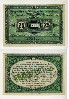 Германия 25 пфеннигов 1917 инспекция лагерей военнопленных в Франкфурте на Одере, III-ий Армейский корпус C-2962 бумага UNC (пресс) 504-92-1-2