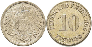 ГЕРМАНИЯ 10 ПФЕННИГОВ 1914 A KM 12, J. 13, Weege 8 медно-никель 212-257
