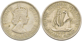Британские Восточно-Карибские территории 25 центов 1955 Елизавета II (1952-2022), парусник KM 6 медно-никель 217-325
