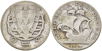 ПОРТУГАЛИЯ 2,5 ЭСКУДО 1943 ПАРУСНИК KM 580 серебро 98-341