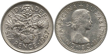 Великобритания 6 пенсов 1967 Елизавета II (1952-2022) KM 903, Spink 4149 медно-никель 4549-229