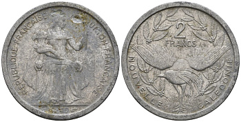 Французская Новая Каледония 2 франка 1949 птица кагу, (IEOM) KM 3, Schoen 3, Lec 55 алюминий    08-425