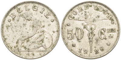 БЕЛЬГИЯ 50 САНТИМОВ 1928 BELGIE KM 88 никель 261-1157
