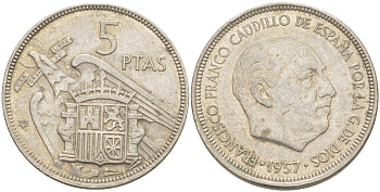 ИСПАНИЯ 5 ПЕСЕТ 1957 (66) ФРАНСИСКО ФРАНКО ДИКТАТОР ИСПАНИИ ( 1939- 1975) KM 786 медно-никель 216-646