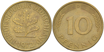 ФРГ 10 ПФЕННИГОВ 1972 D KM 108, J. 383 сталь плакированная латунью 4182-825