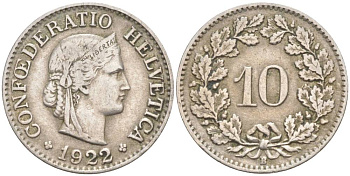 ШВЕЙЦАРИЯ 10 РАППЕНОВ 1922 В KM 27 медно-никель 66-827
