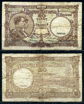 Бельгия 20 франков 1943 18.01.1943, Король Альберт I и его жена Королева Елизавета, Гран-Плас / Гроте Маркт, Брюссель Pick 111 (2) бумага 6301-34-1-2