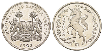 Сьерра-Леоне 1 доллар 1997 Единорог KM 48 медно-никель BU 1082-6-13