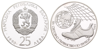 Болгария 25 левов 1990 Чемпионат мира по футболу 1990, Италия KM 191 серебро PROOF 11-077-24