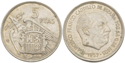 ИСПАНИЯ 5 ПЕСЕТ 1957 (66) ФРАНСИСКО ФРАНКО ДИКТАТОР ИСПАНИИ ( 1939- 1975) KM 786 медно-никель 216-646