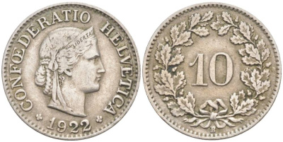 ШВЕЙЦАРИЯ 10 РАППЕНОВ 1922 В KM 27 медно-никель 66-827