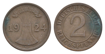 Германия 2 рейхспфеннига 1924 D KM 38, J.314, Weege 4 медь 4639-1225