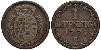 Саксония 1 пфенниг 1772 Фридрих Август III (1763-1806), из коллекции Gerhart Rother KM 1000, Merseb. 2022 медь 413-6641