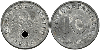 ГЕРМАНИЯ 10 РЕЙХСПФЕННИГОВ 1941 A J. 371, KM 101 цинк UNC 75-217