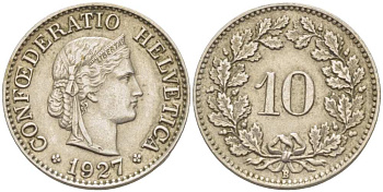 ШВЕЙЦАРИЯ 10 РАППЕНОВ 1927 В KM 27 медно-никель 4513-233