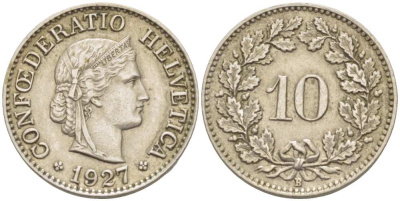 ШВЕЙЦАРИЯ 10 РАППЕНОВ 1927 В KM 27 медно-никель 4513-233