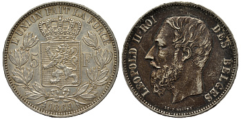 Бельгия 5 франков 1869 Леопольд II (1865-1909) KM 24 серебро 443-1111