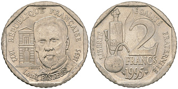 Франция 2 франка 1995 100 лет со дня смерти Луи Пастера KM 1119, Le Franc 274.2 никель UNC 4619-723