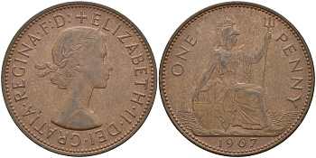 Великобритания 1 пенни 1967 Елизавета II (1952-2022) КМ 897, Spink 4157 бронза 4144-934