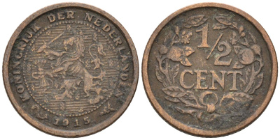 Нидерланды 1/2 цента 1915 Вильгельмина (1890-1948) KM 138 бронза 4576-358