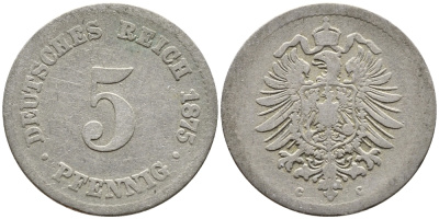 Германия 5 пфеннигов 1875 C, старогербовка KM 3, Jager 3, Weege 5 медно-никель 4387-743