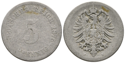 ГЕРМАНИЯ 5 ПФЕННИГОВ 1875 E, СТАРОГЕРБОВКА KM 3, J. 3 медно-никель 39-355