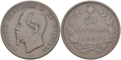 ИТАЛИЯ 10 ЧЕНТЕЗИМО 1862 МОНДВОР ПАРИЖ, ВИКТОР ЭММАНУИЛ II (1861-1878) KM 11.2 медь 4526-711
