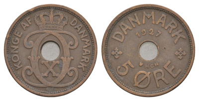 Дания 5 эре 1927 HCN, Кристиан X (1912-1947) KM 828 бронза 4657-222