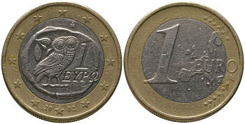 Греция 1 евро 2002 репродукция античной тетрадрахмы (с изображением совы) KM 187 биметалл 4573-926