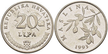 Хорватия 20 лип 1993 олива, легенда на хорватском KM 7 сталь плакированная никелем 66-531