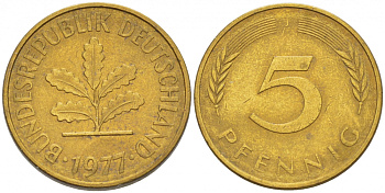 ФРГ 5 ПФЕННИГОВ 1977 J KM 107, J.382 сталь плакированная латунью 4396-1641