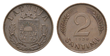 Латвия 2 сантима 1939 KM 11.2 бронза 4679-264