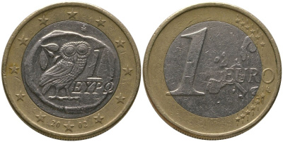 Греция 1 евро 2002 репродукция античной тетрадрахмы (с изображением совы) KM 187 биметалл 4573-926