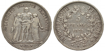 Франция 5 франков 1875 А, Геракл с богинями равенства и братства KM 820.1 серебро 1524-1341
