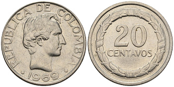 Колумбия 20 сентаво 1969 KM 227, Restrepo?394-2b сталь плакированная никелем 4514-412