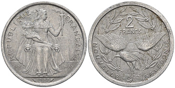 Французская Новая Каледония 2 франка 1977 птица кагу, (IEOM) KM 14, Schoen 11, Lec 58 алюминий    27-443