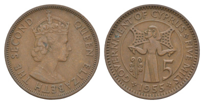 Кипр 5 милей 1955 Елизавета II (1952-2022) KM 34 бронза 4652-331