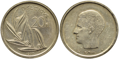 Бельгия 20 франков 1980 Belgique, Бодуэн I (1951-1993) KM 159 никель бронза 259-1232