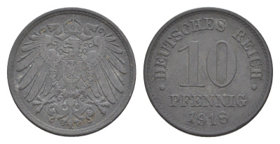 Германия 10 пфеннигов 1918 Вильгельм II (1888-1918) KM 26, J. 299 цинк 4640-341