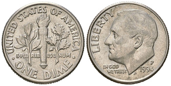 США 10 центов (дайм) 1994 P, президент Рузвельт KM 195a медь плакированная медно-никелем UNC 218-155