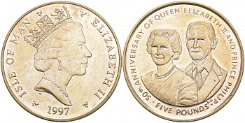 Остров Мэн 5 фунтов 1997 АА, Елизавета и Филипп, золотая свадьба KM 769 вирениум UNC 73-815