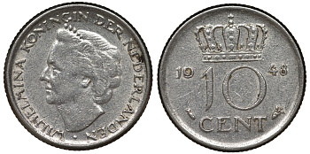 Нидерланды 10 центов 1948 Вильгельмина (1895-1948) KM 177 никель 4124-465