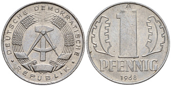 ГДР 1 пфенниг 1968 A KM 8.1 алюминий 100-366