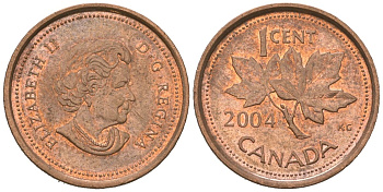 Канада 1 цент 2004 Елизавета II (1952-2022), кленовый лист KM 490 цинк плакированный медью aUNC 4383-1126