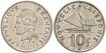 Французская Новая Каледония 10 франков 2007 рыбачья парусная лодка, (IEOM) KM 11a, Schoen 13a, Lec 99k медно-никель 57-1337