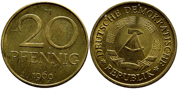 ГДР 20 пфеннигов 1969 А, первый год KM 11 латунь UNC 4398-1043